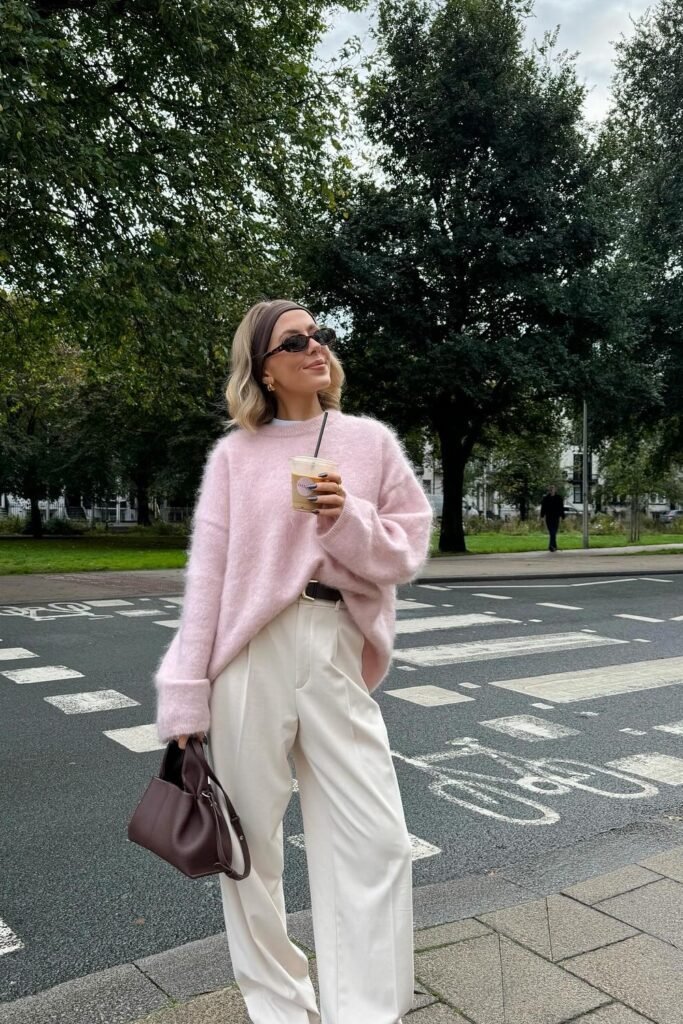 Pink Oversized Sweater + White Wide-Leg Trousers + Brown Leather Bag