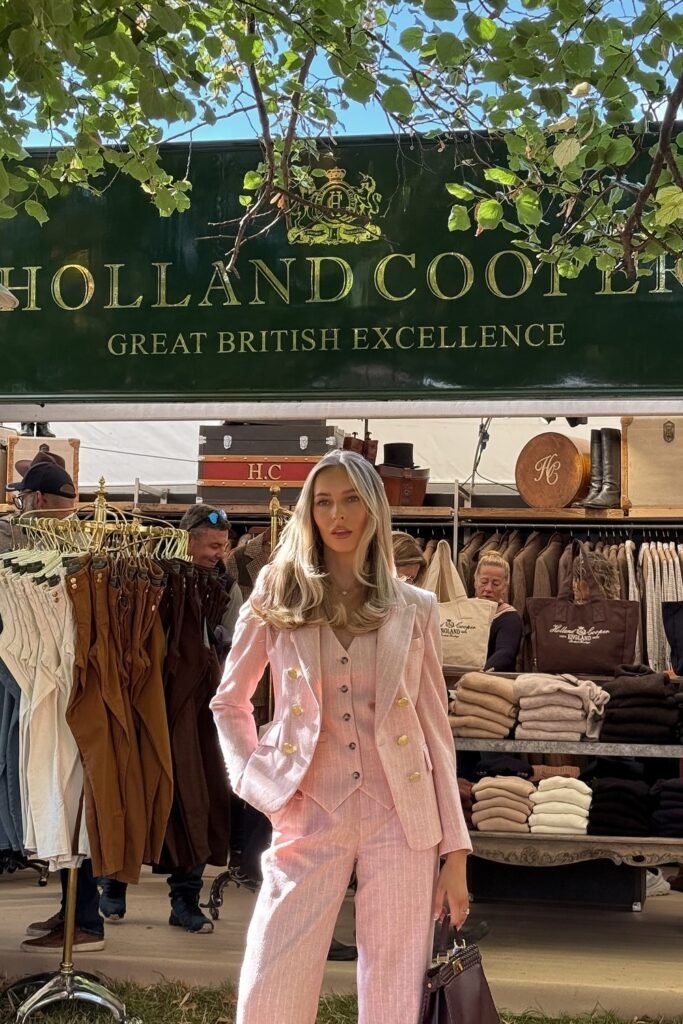 Pink Pinstripe Suit (Blazer + Vest + Wide-Leg Trousers) + Brown Structured Handbag