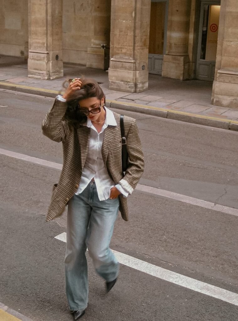 Plaid Blazer + White Shirt + Blue Jeans + Black Heels