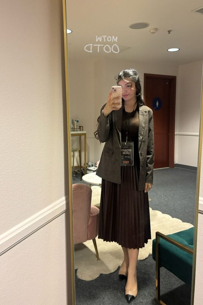 Plaid Brown Blazer + Brown Mesh Top + Chocolate Brown Pleated Midi Skirt + Beige Cap-Toe Pumps