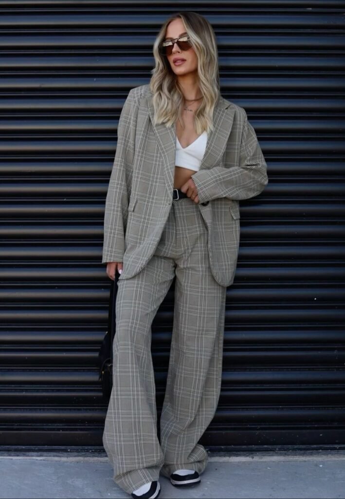 Plaid Oversized Suit + White Crop Top + Wide-Leg Trousers + Chunky Sneakers