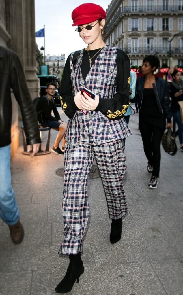 Plaid Suit (Vest + Pants) + Black Long Sleeve Top with Embroidery + Red Cap + Black Heeled Boots