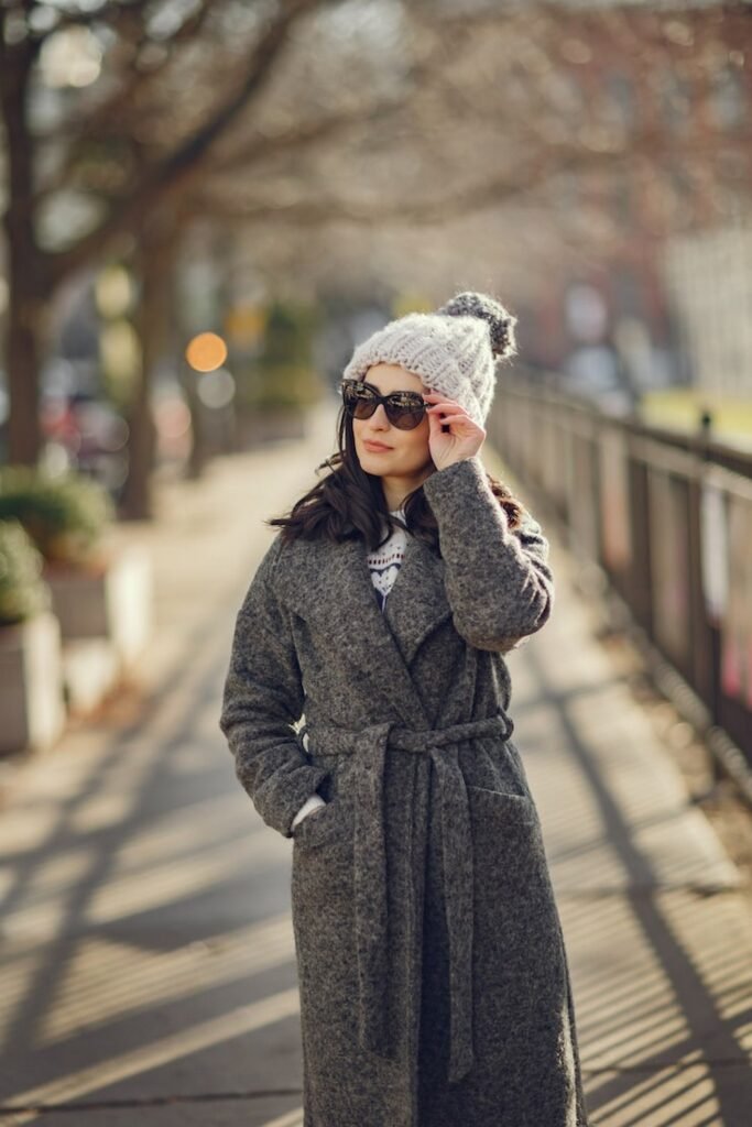 Pom Beanie + Belted Charcoal Wrap Coat + Fair Isle Sweater + Cat-Eye Sunglasses