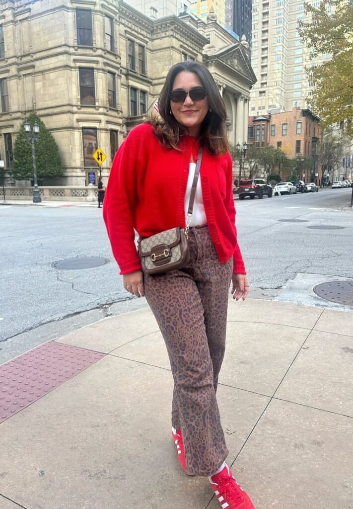 Red Cardigan + White Tee + Leopard Print Pants + Red Sneakers + Gucci Crossbody Bag