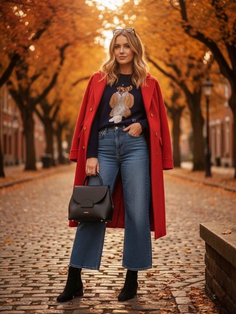 Red Coat + Navy Bear Sweater + Blue Wide-Leg Jeans + Black Ankle Boots + Black Structured Bag