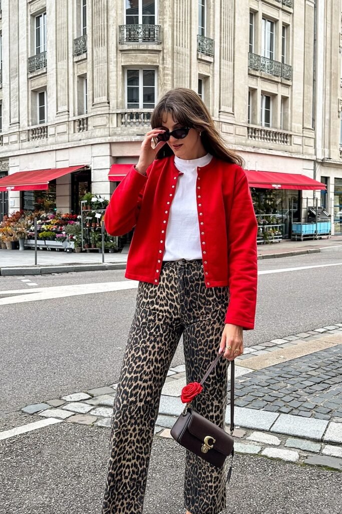 Red Cropped Jacket + White T-Shirt + Leopard Print Pants + Brown Crossbody Bag