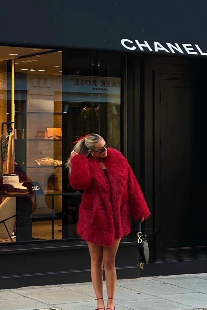 Red Faux Fur Coat + Red Mini Dress + Red Heels + Black Dior Saddle Bag