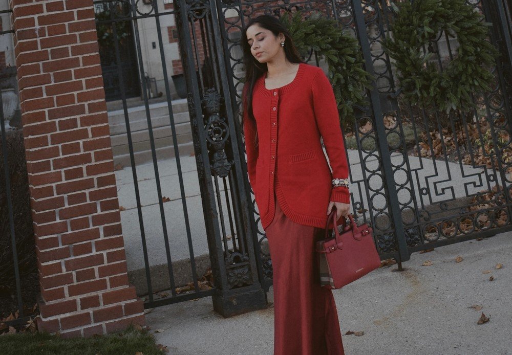Red Knit Cardigan + Red Satin Maxi Skirt + Red Structured Handbag