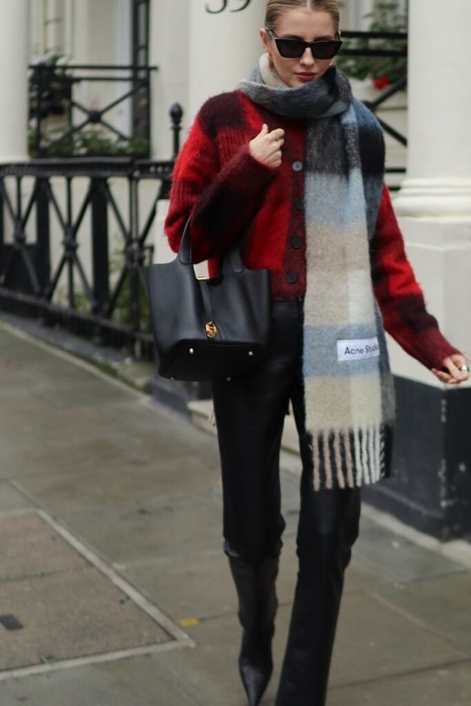 Red Plaid Cardigan + Black Leather Pants + Black Bag