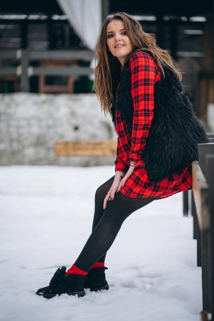 Red Plaid Shirt Dress + Black Tights & Faux-Fur Vest + Black Winter Boots