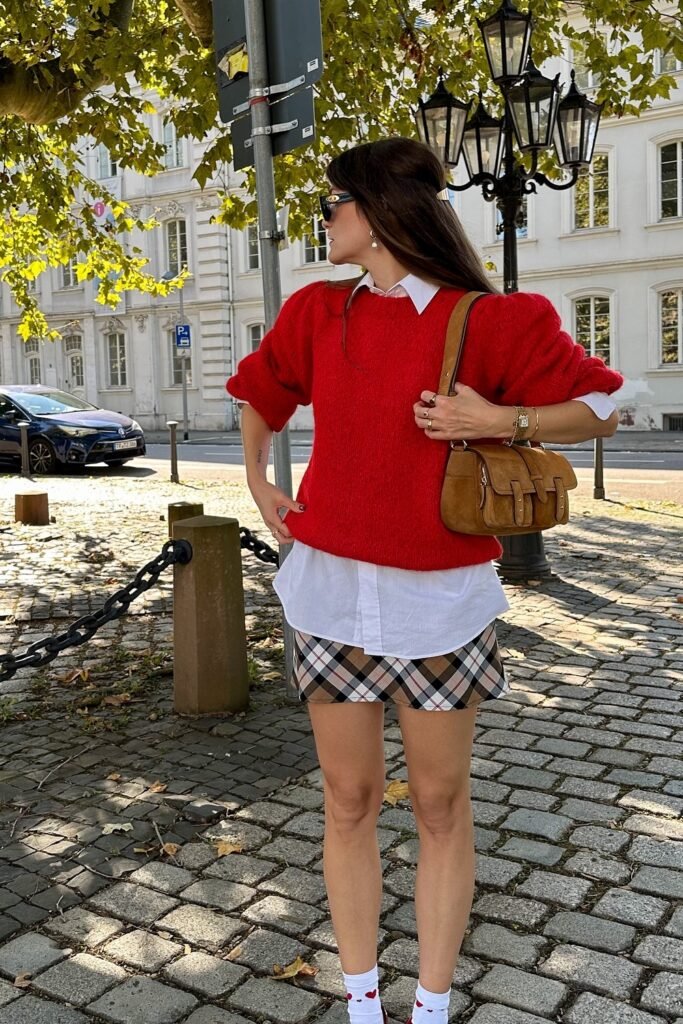 Red Sweater + White Shirt + Plaid Mini Skirt + Brown Bag
