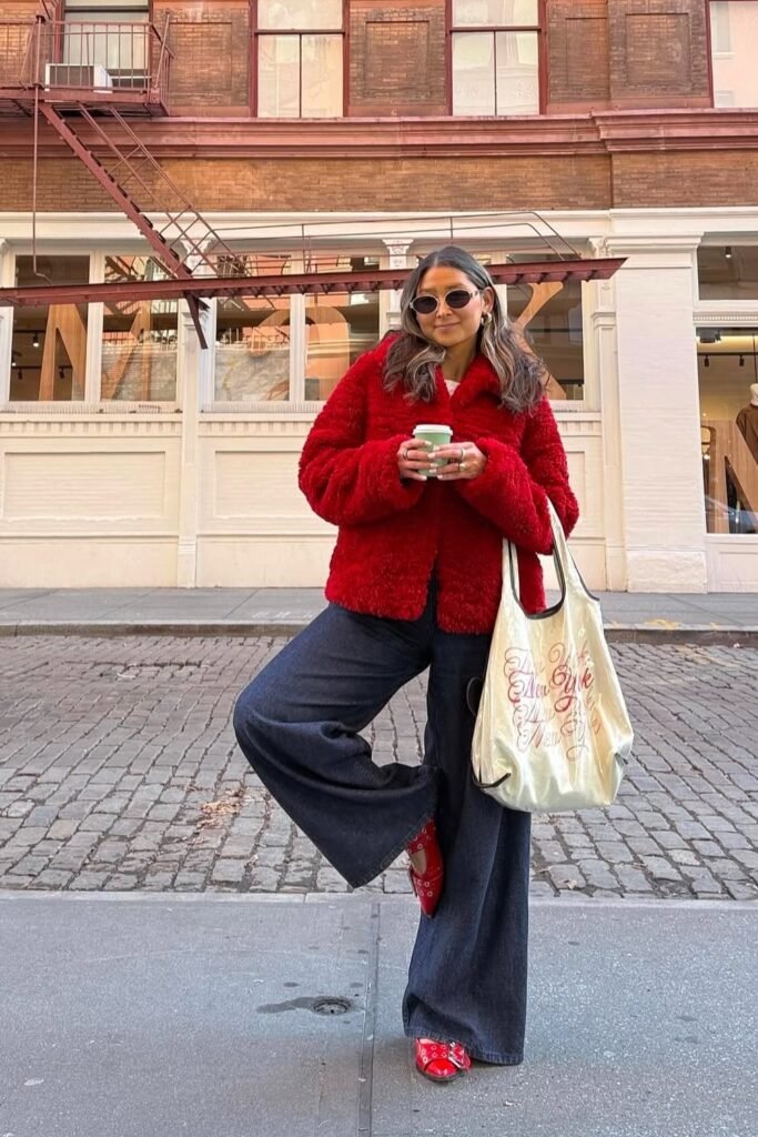 Red Teddy Jacket + Dark Wide-Leg Jeans + Red Mary Jane Flats + Oversized Metallic Tote + Oval Sunglasses