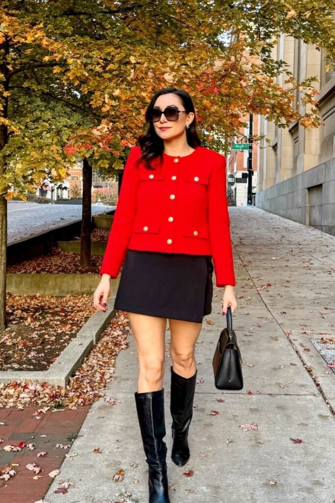 Red Tweed Jacket + Black Mini Skirt + Black Knee-High Boots + Black Handbag