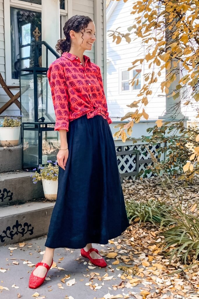 Red and Purple Elephant Print Button-Down Shirt + Navy Blue Maxi Skirt + Red Woven Mary Jane Flats