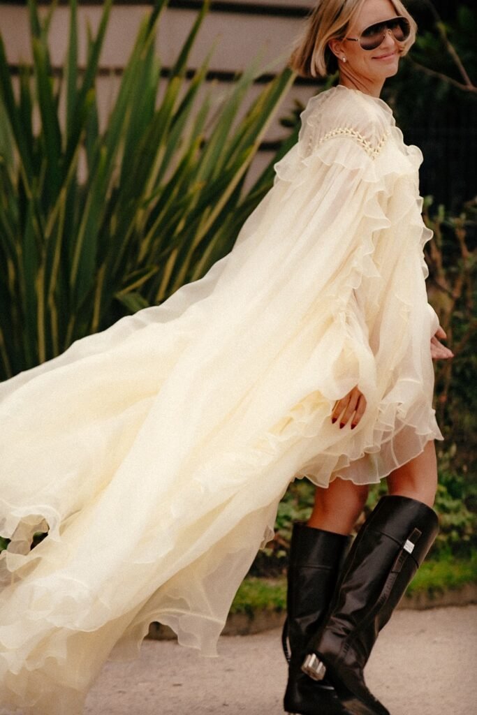 Ruffled Pastel Chiffon Gown + Sheer Layers + Black Knee-High Boots