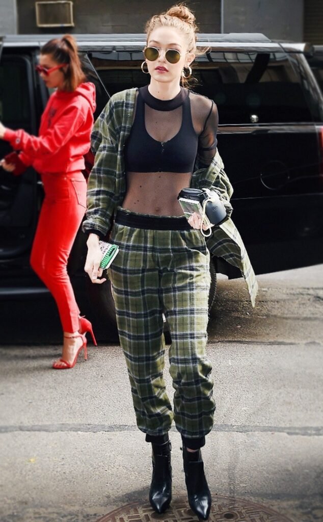 Sheer Black Mesh Top + Black Bralette + Green Plaid Two-Piece Set (Jacket + Joggers) + Black Pointed Boots