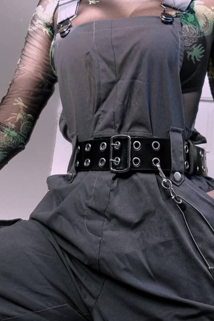 Sheer Green Dragon Print Mesh Top + Dark Grey Utility Overalls + Grommet Belt with Chain Detail
