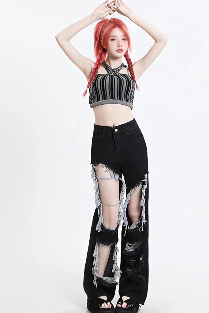 Striped Halter Crop Top + Distressed Black Wide-Leg Jeans with Extreme Rips + Sandals