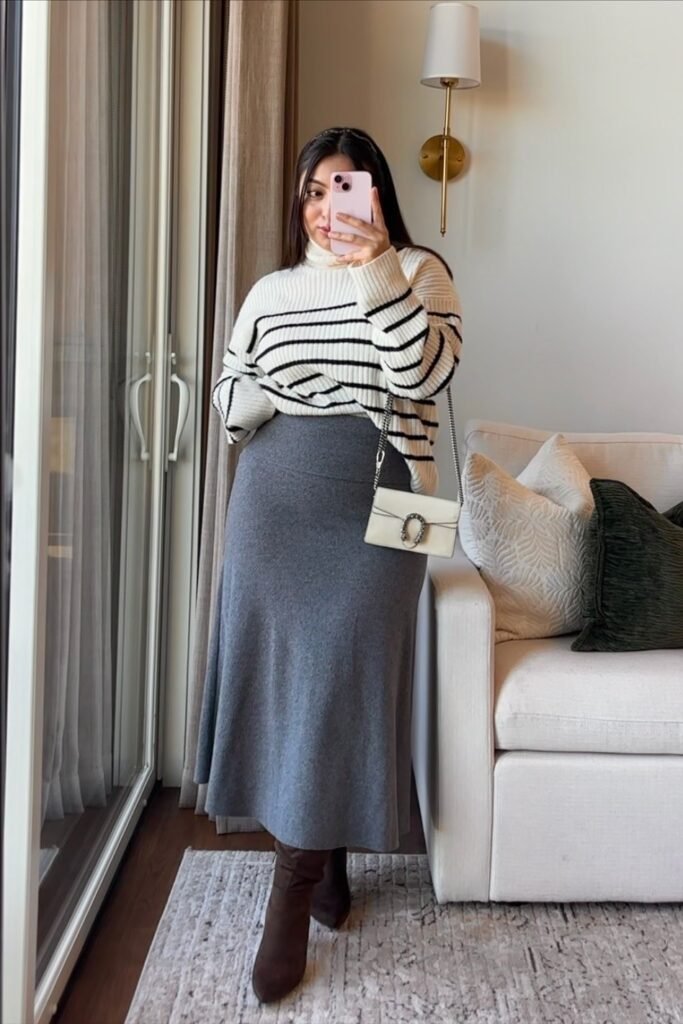 Striped Turtleneck Sweater + Grey A-Line Midi Skirt + Brown Suede Boots