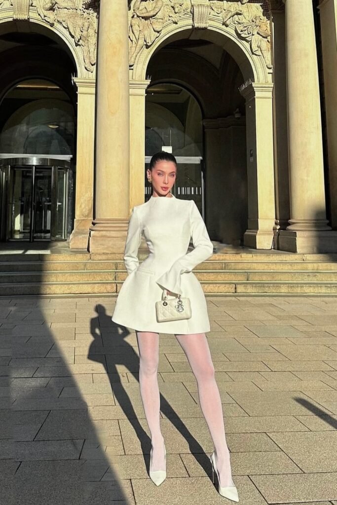 Structured White Mini Dress + White Tights + White Pointed Heels + Mini White Bag
