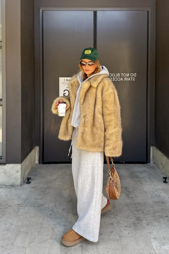 Tan Faux Fur Coat + Grey Zip Up Hoodie + Matching Grey Sweatpants + Tan Platform Boots