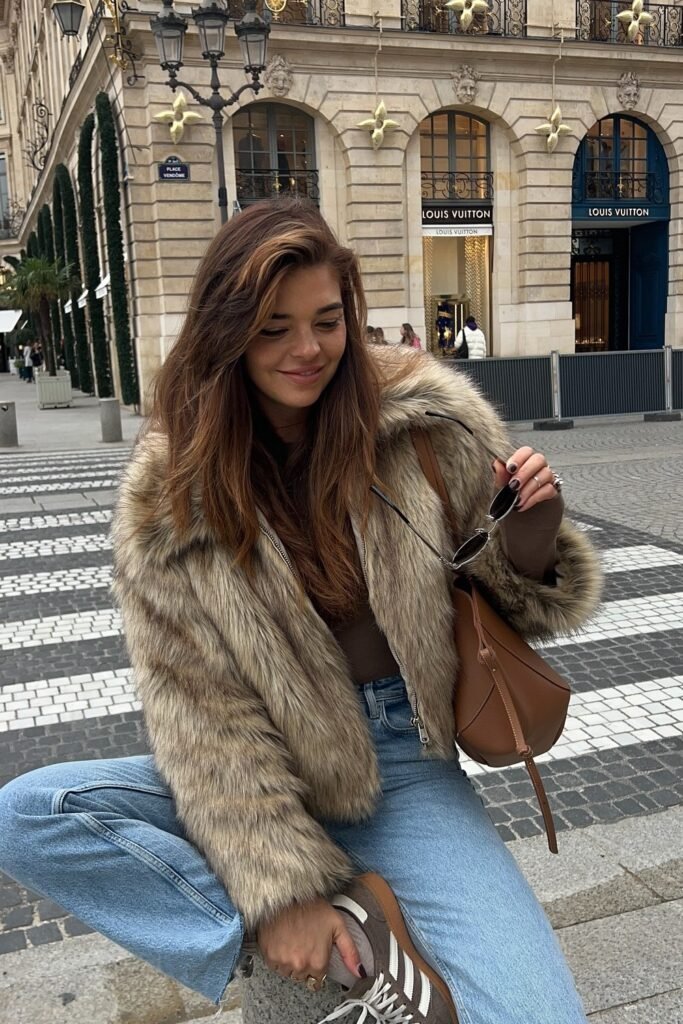Tan Faux Fur Jacket + Brown Knit Top + Blue Straight Jeans + Brown & Grey Adidas Sneakers + Brown Leather Shoulder Bag