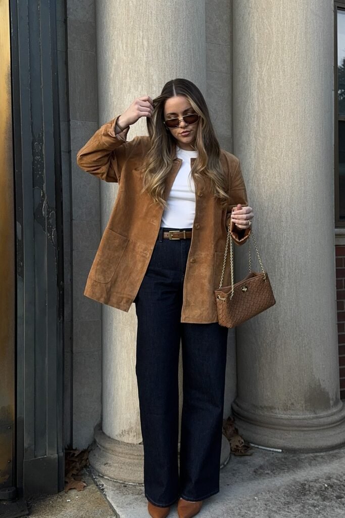 Tan Suede Blazer + White Tee + Dark Blue Straight-Leg Jeans + Brown Leather Accessories