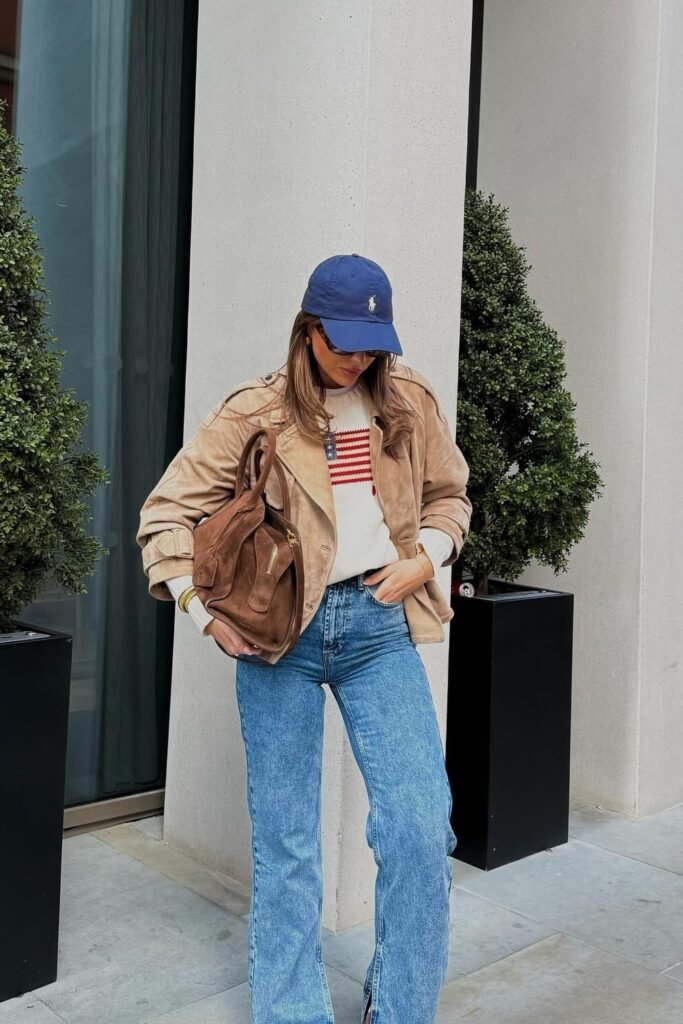 Tan Suede Jacket + Cream Knit Flag Sweater + Light Blue Jeans + Navy Cap + Brown Slouchy Tote Bag