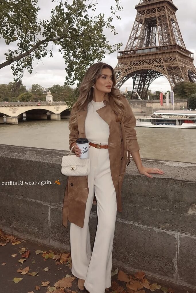 Tan Suede Trench Coat + White Top + White Wide-Leg Trousers + White Quilted Shoulder Bag