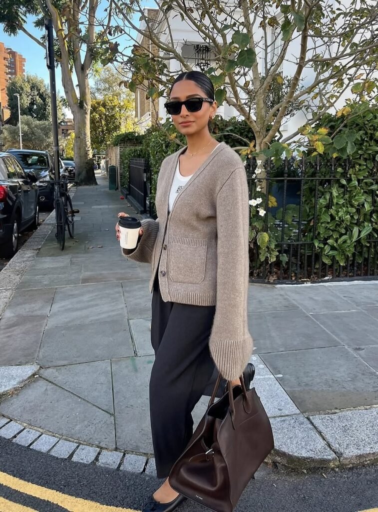Taupe Cardigan + White T-Shirt + Black Trousers + Black Flats + Dark Brown Leather Tote Bag