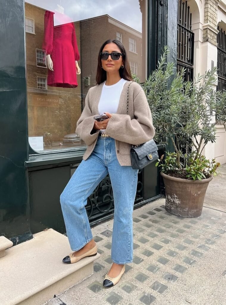 Taupe Cardigan + White T-Shirt + Light Blue Straight Jeans + Two-Tone Ballet Flats + Black Quilted Shoulder Bag