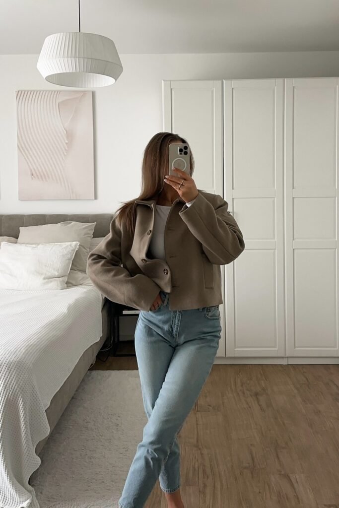 Taupe Cropped Jacket + White Tee + Light Blue Slim Jeans