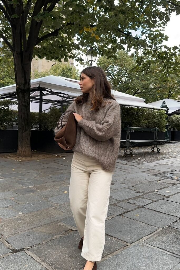 Taupe Knit Sweater + Cream Wide-Leg Jeans + Brown Flats + Brown Suede Shoulder Bag
