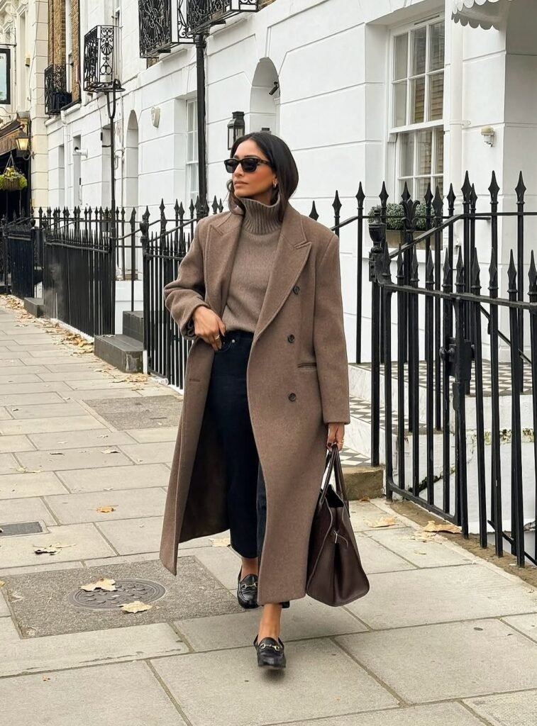 Taupe Long Wool Coat + Taupe Turtleneck Sweater + Black Cropped Jeans + Black Loafers + Dark Brown Tote
