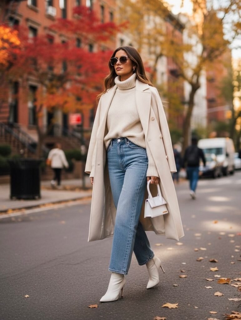 Turtleneck Sweater + Long Coat + Blue Jeans + White Heeled Boots + Mini Bag