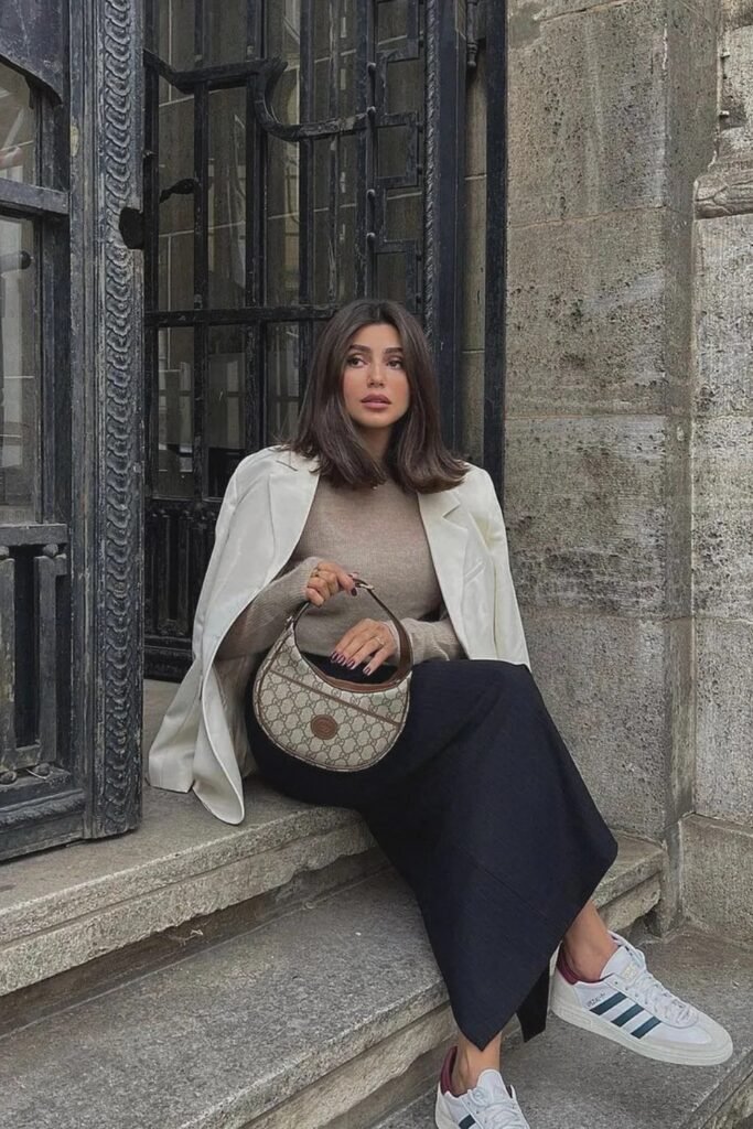 White Blazer + Beige Knit Sweater + Black Maxi Skirt + Gucci Shoulder Bag + White Adidas Sneakers