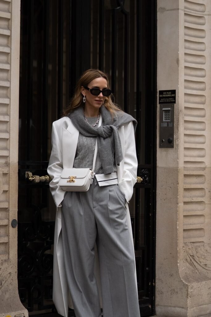 White Blazer + Grey Knit + Grey Wide-Legged Pants