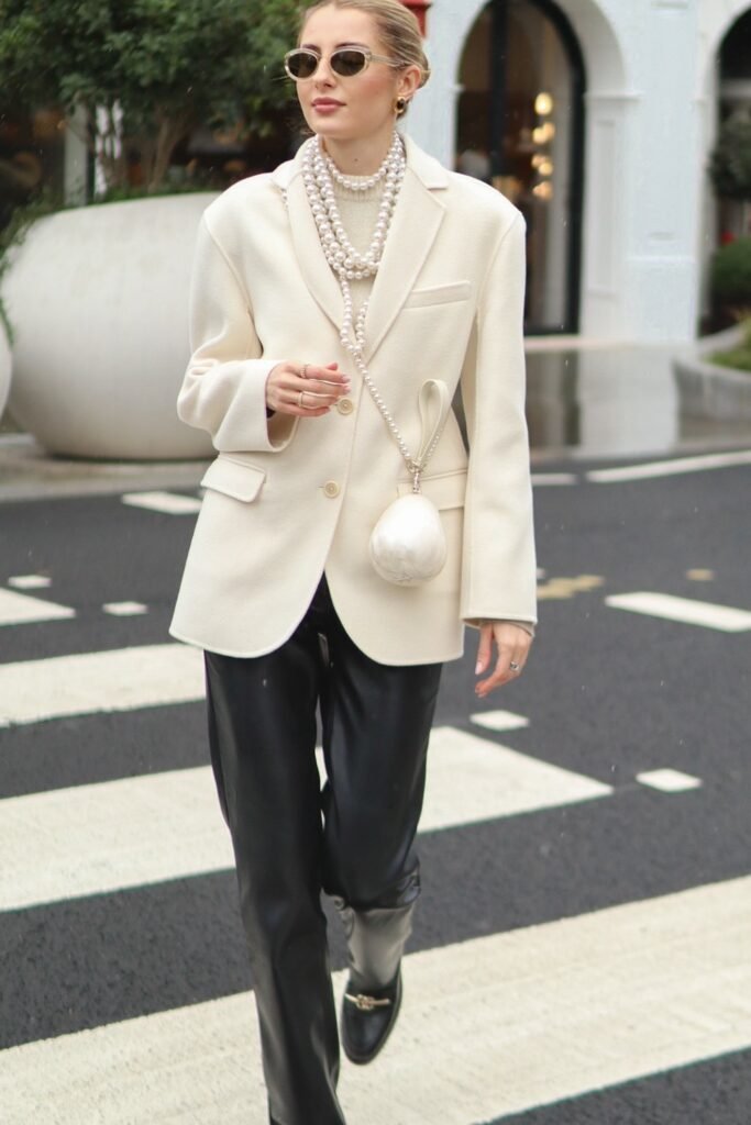 White Blazer + Pearl Necklace + Black Leather Pants
