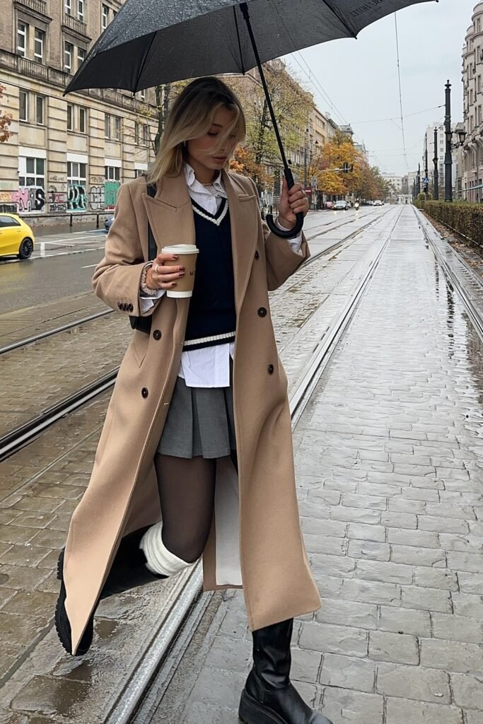 White Button-Up Shirt + Black V-Neck Sweater Vest + Grey Pleated Mini Skirt + Camel Long Coat + Sheer Black Tights + Knee-High Black Boots
