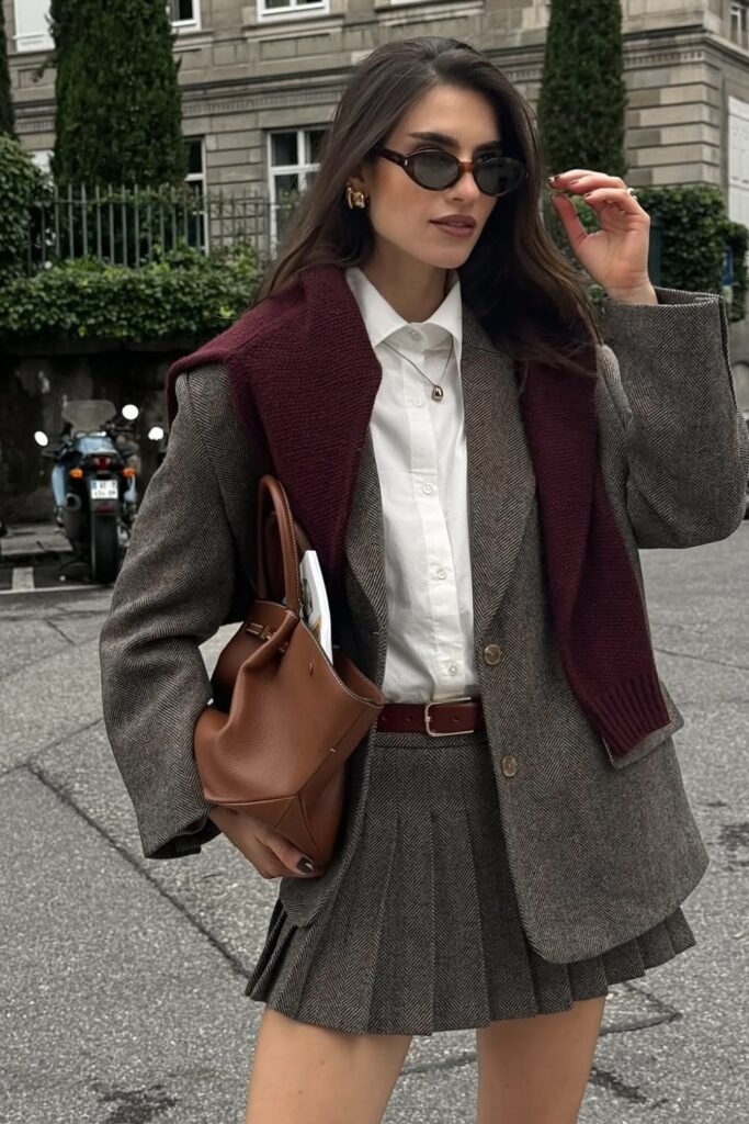 White Button-Up Shirt + Grey Pleated Mini Skirt + Oversized Grey Blazer + Burgundy Sweater Draped + Brown Leather Bag