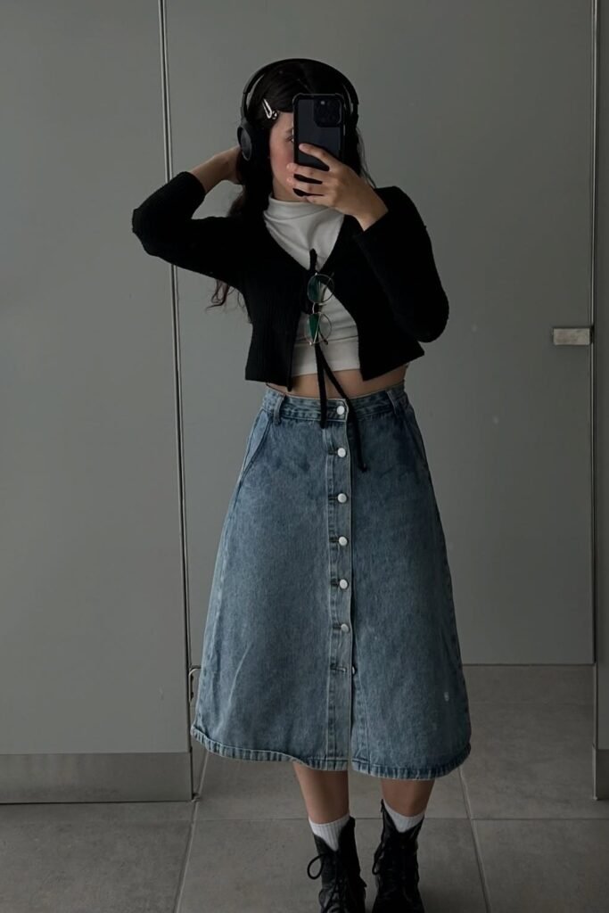 White Crop Top + Black Cropped Cardigan + Button-Down Denim Midi Skirt + Black Combat Boots + White Socks