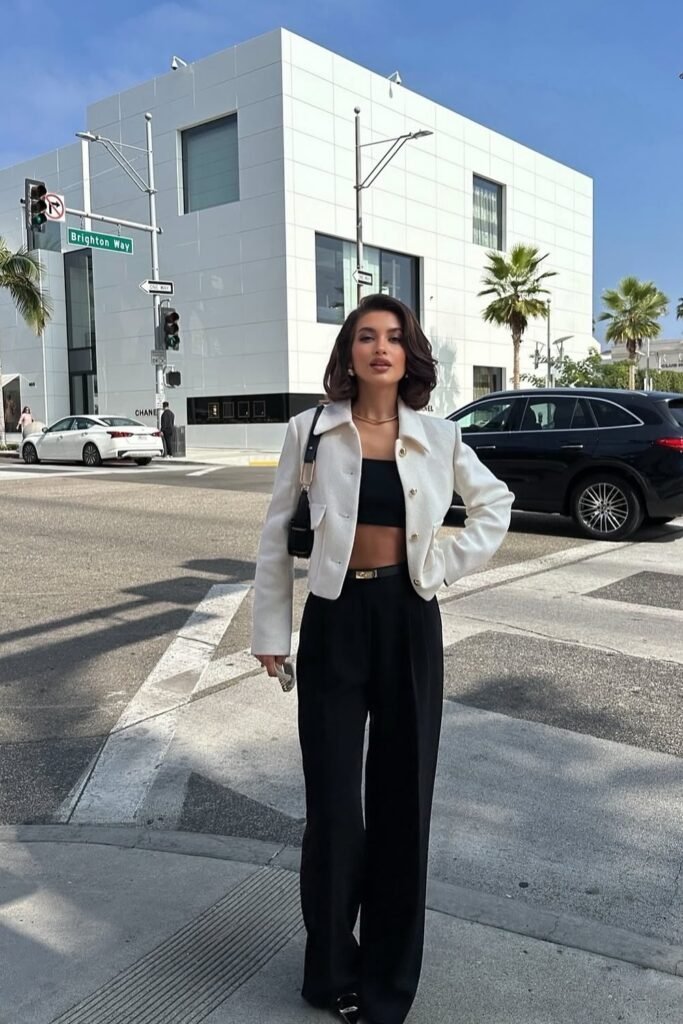 White Cropped Jacket + Black Crop Top + Black Wide-Leg Trousers
