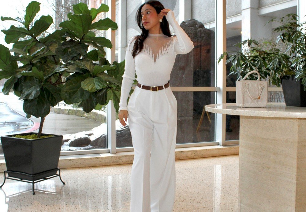 White Embellished Sweater + White Wide-Leg Pants + Brown Belt + White Structured Handbag