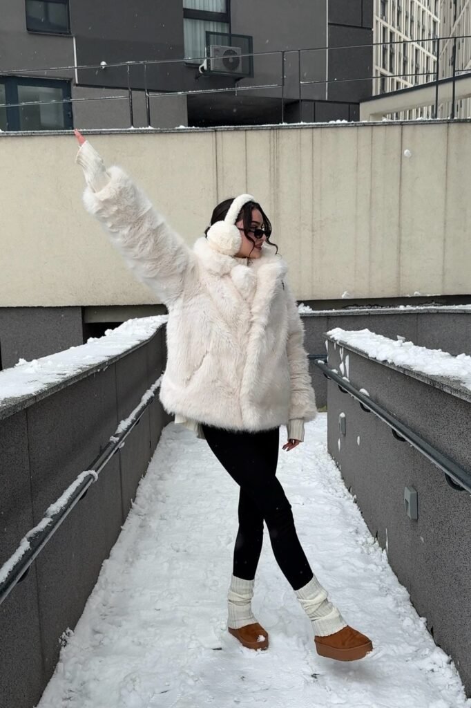 White Faux Fur Jacket + Black Leggings + Tan Platform Boots