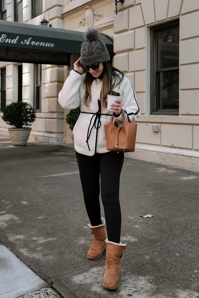 White Fleece Tie-Waist Jacket + Black Leggings + Chestnut Shearling Boots + Grey Pom Beanie + Tan Mini Tote