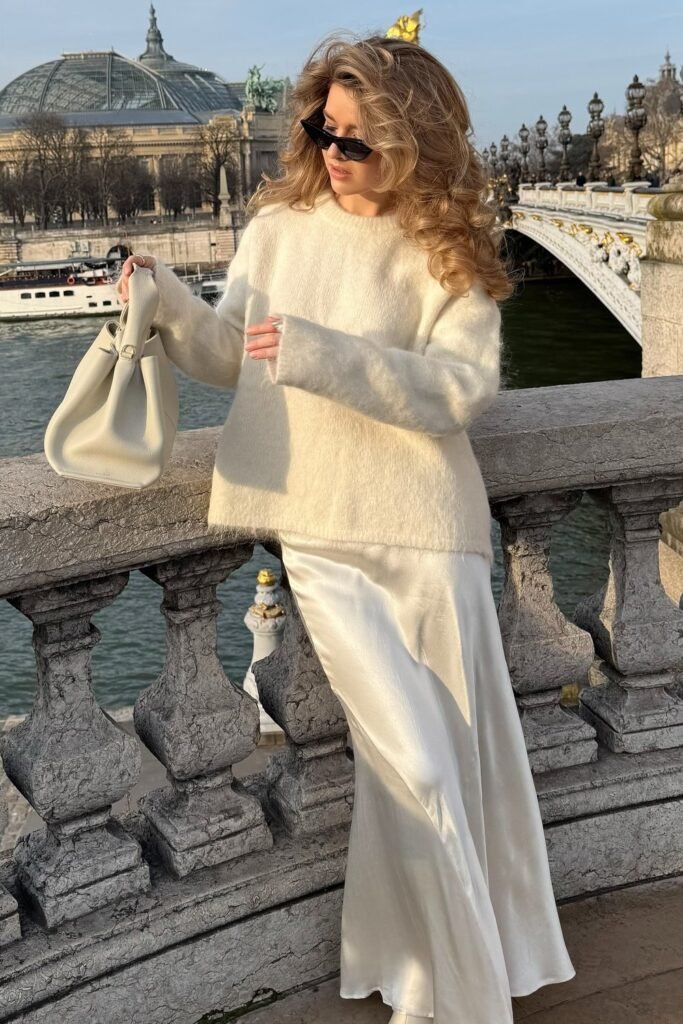 White Fluffy Sweater + White Satin Maxi Skirt + White Structured Bag + Black Sunglasses