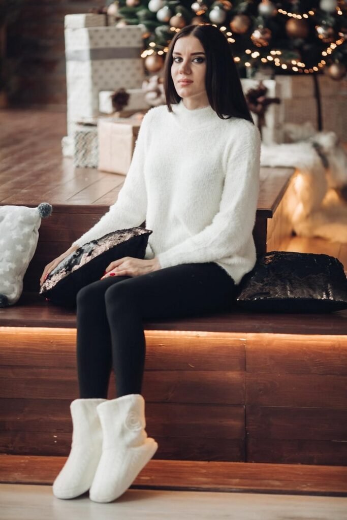 White Fuzzy Sweater + Black Leggings + White Knit Slippers
