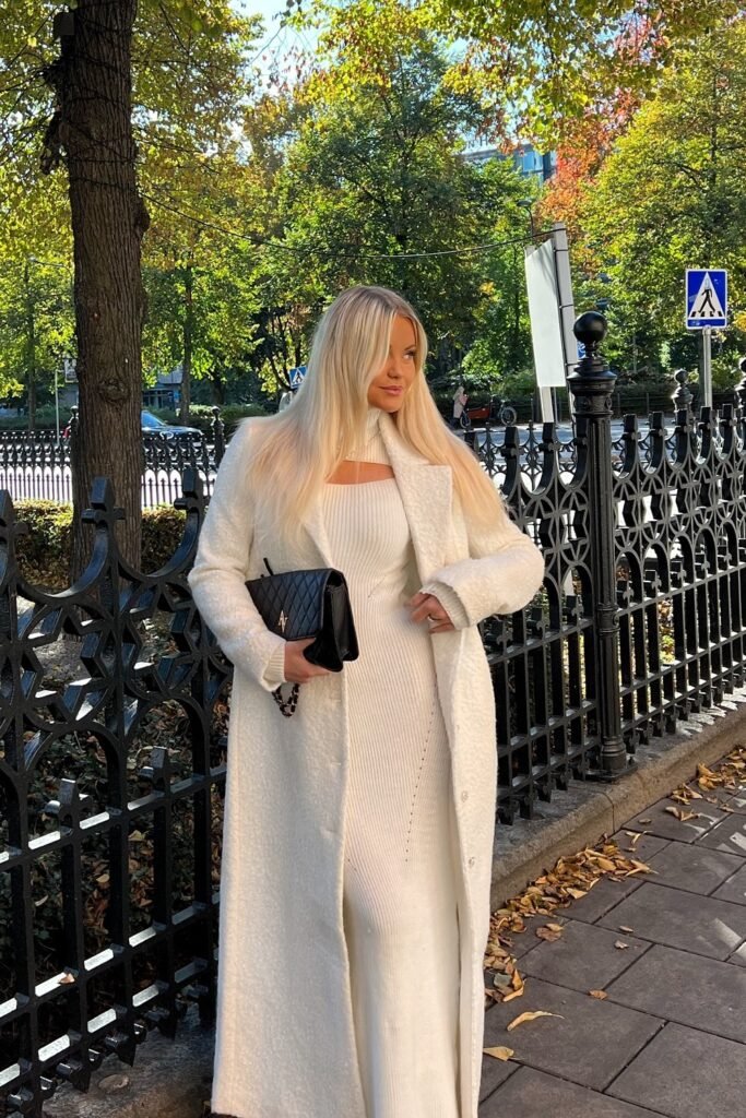 White Long Coat + White Ribbed Knit Dress + Black Quilted Handbag