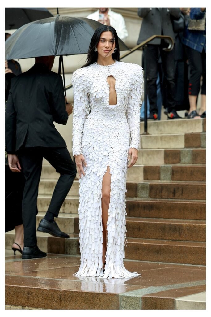 White Long-Sleeve Embellished Gown with Feather-Like Textures + High Slit Detail + Silver Earrings