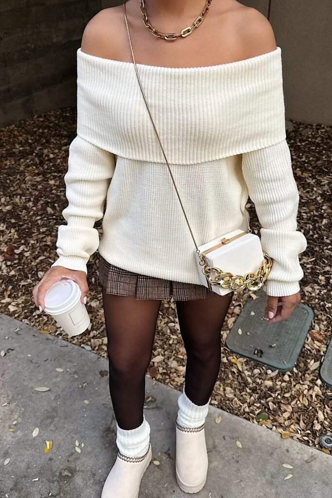 White Off-Shoulder Sweater + Plaid Mini Skirt + Sheer Tights + White Ankle Boots + White Chain Bag
